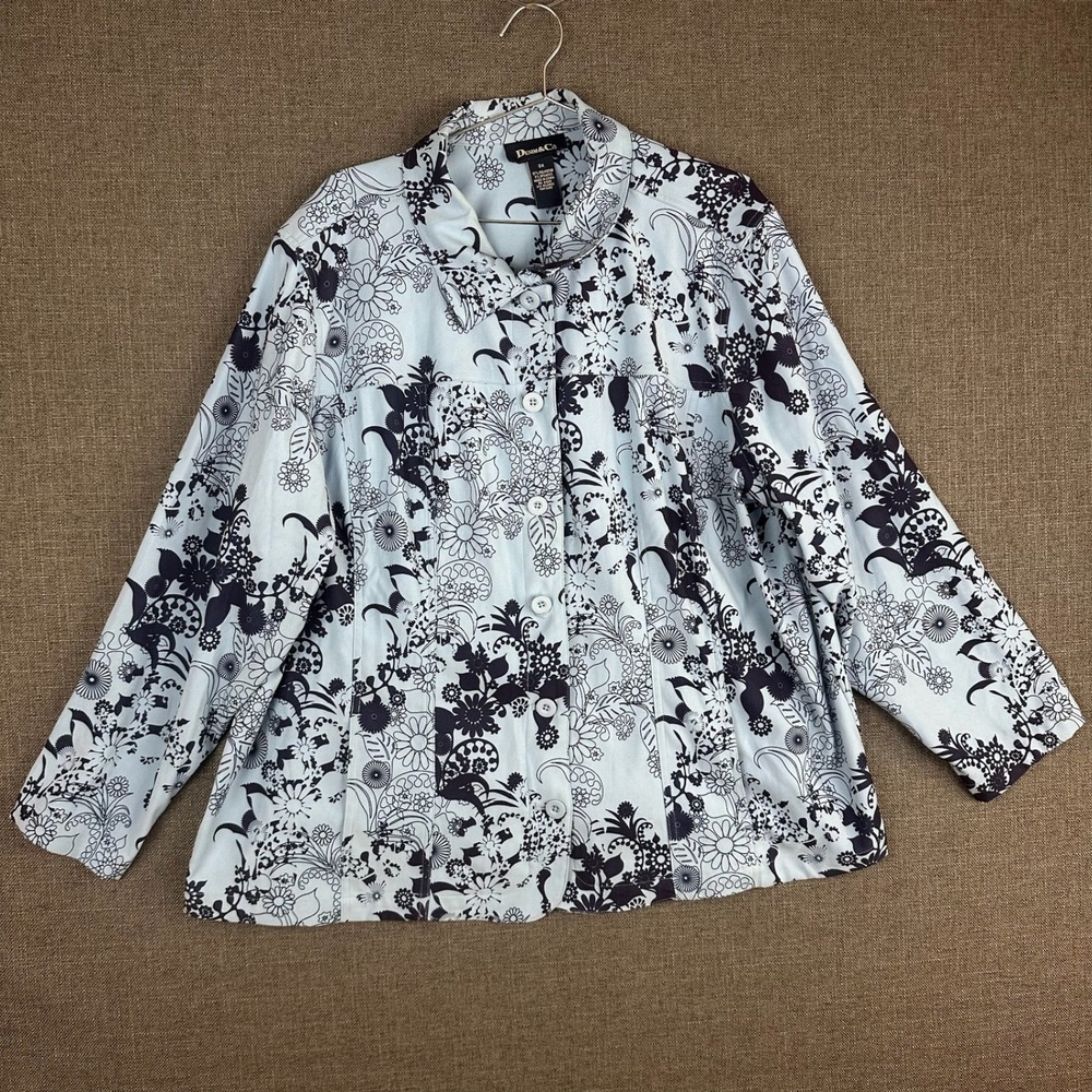 Denim &‎ Co 3X Floral Button Up Jacket Blouse Top Blue Black White Spring